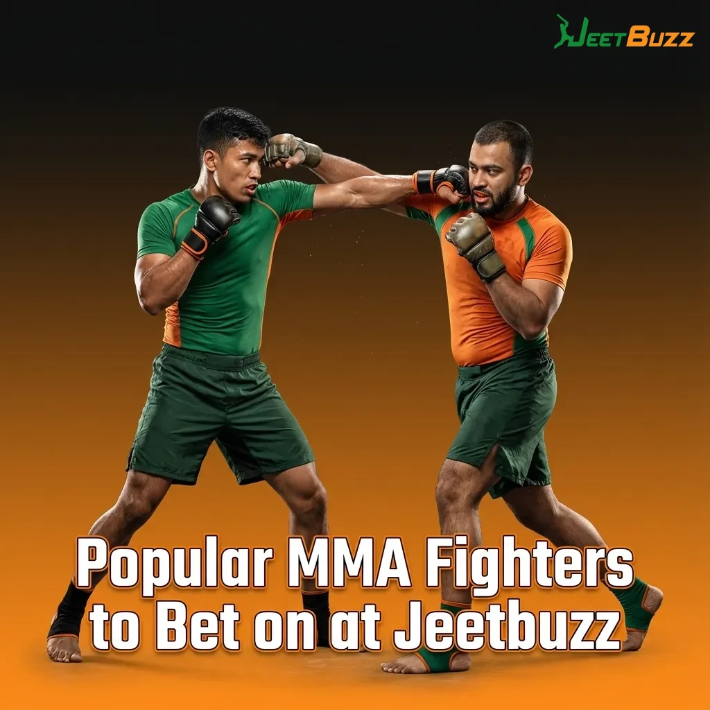 Collage of popular MMA stars like Makhachev, Volkanovski and McGregor above Jeetbuzz betting graphics