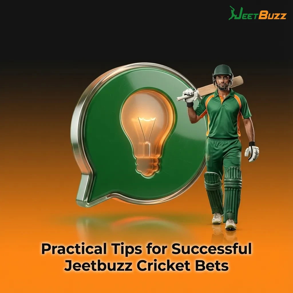 Infographic titled “Practical Tips for Successful Jeetbuzz Cricket Bets” with icons for form, pitch, bankroll, and live stats
