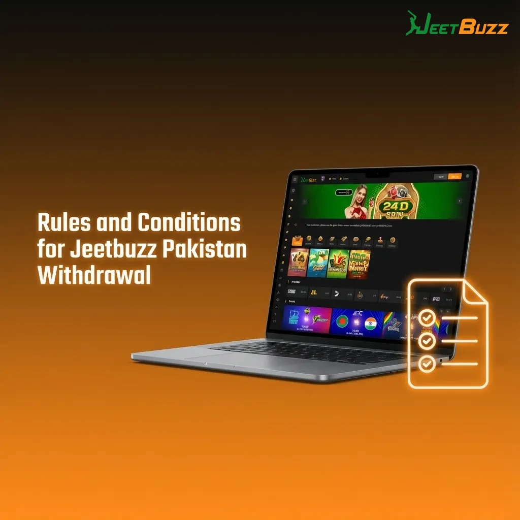 Infographic listing Jeetbuzz Pakistan withdrawal rules on KYC, same-name methods, wagering bonuses, and transaction review.