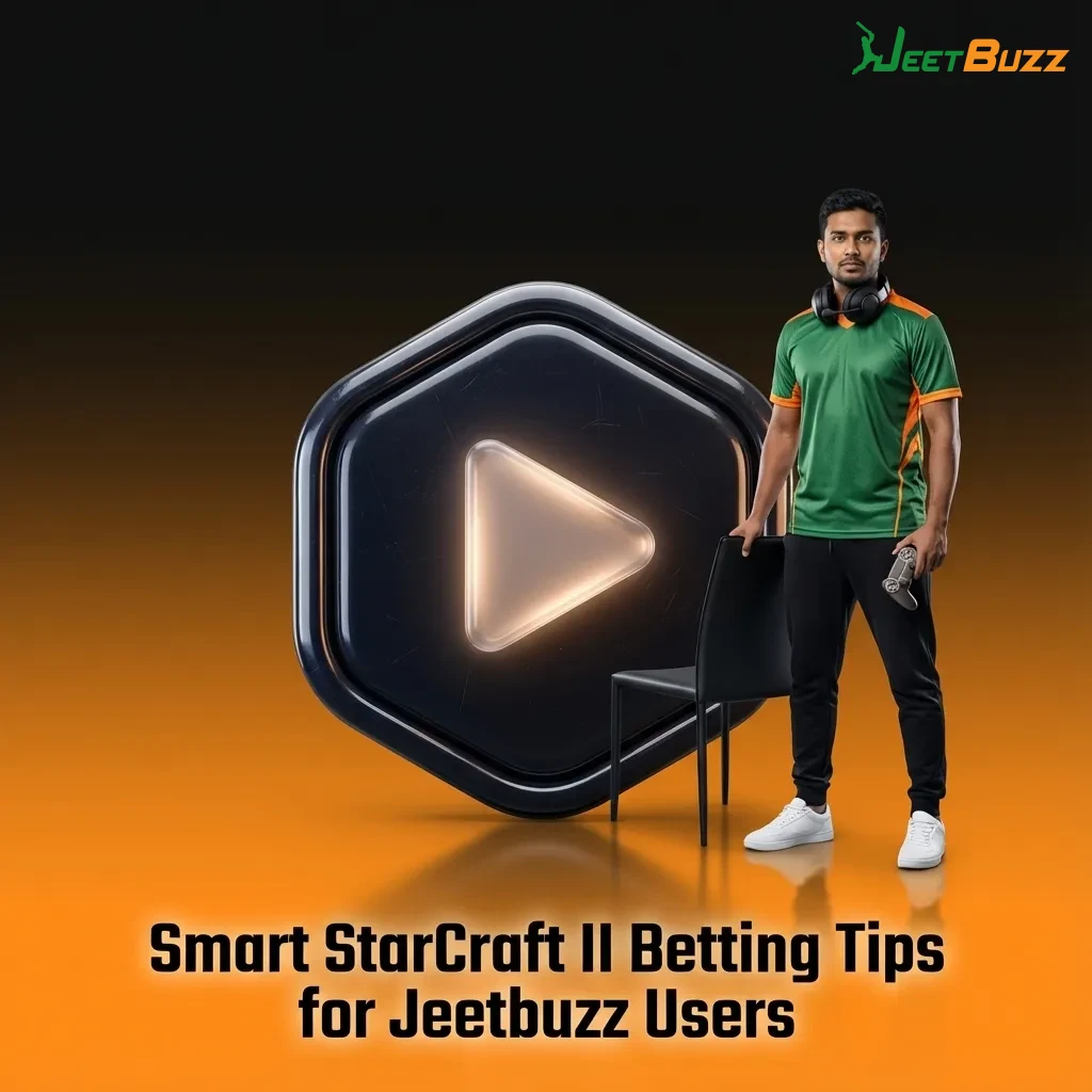 Jeetbuzz StarCraft II betting tips graphic showing bankroll, odds comparison, player stats, and disciplined wagering icons