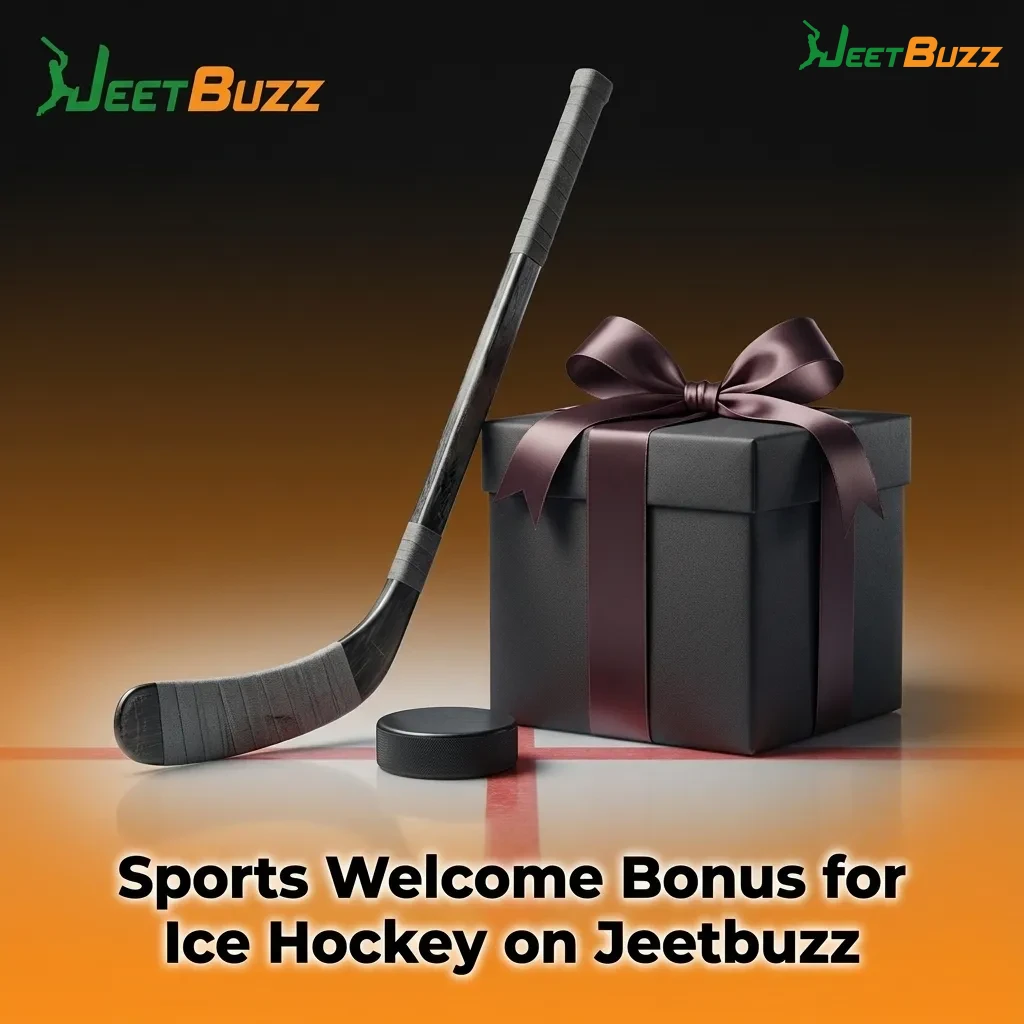 Jeetbuzz sports welcome bonus banner featuring ice hockey player, PKR deposit match offer, and betting terms text