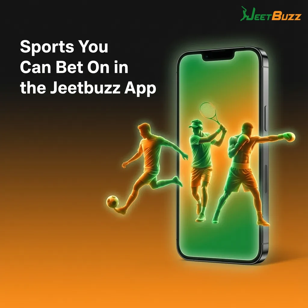Smartphone showing Jeetbuzz app with betting options for cricket, football, tennis, kabaddi, basketball, esports and more