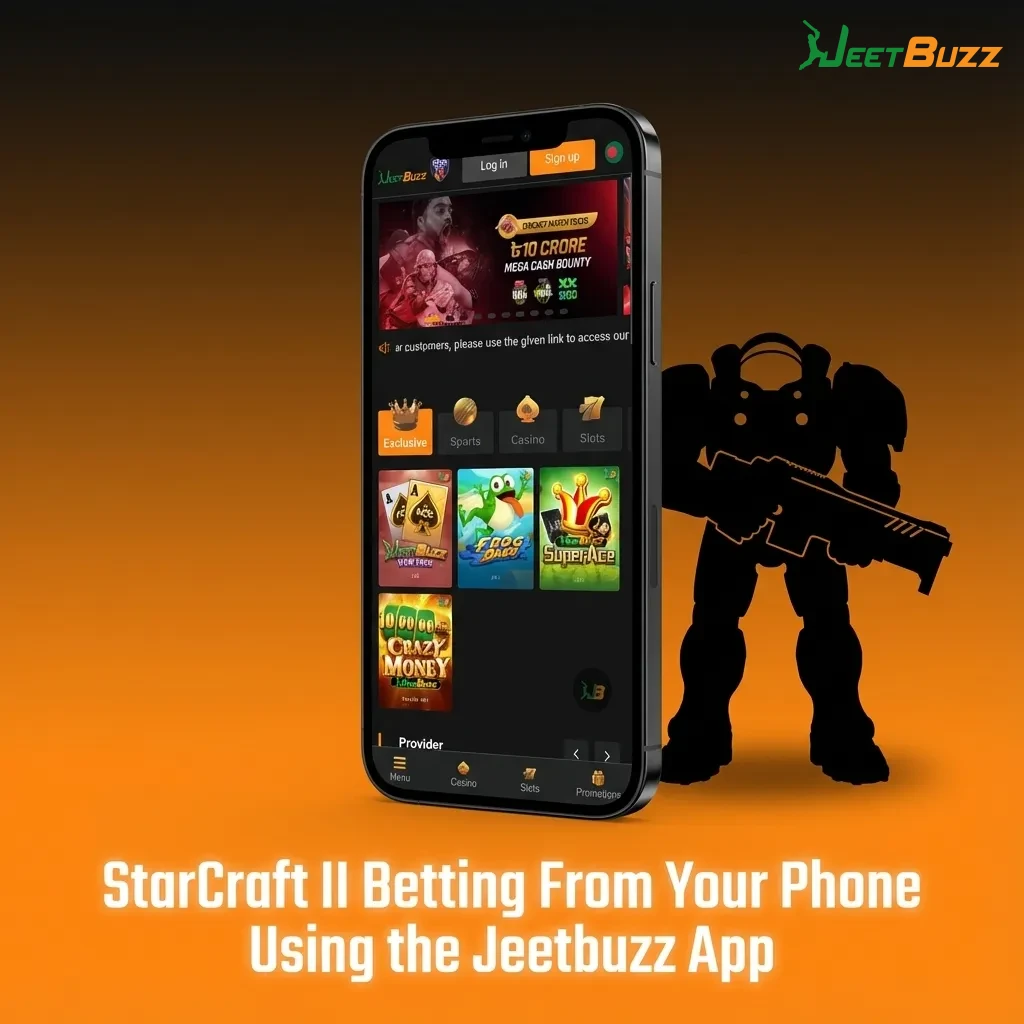 Person using Jeetbuzz betting app on a smartphone to wager on live StarCraft II esports matches