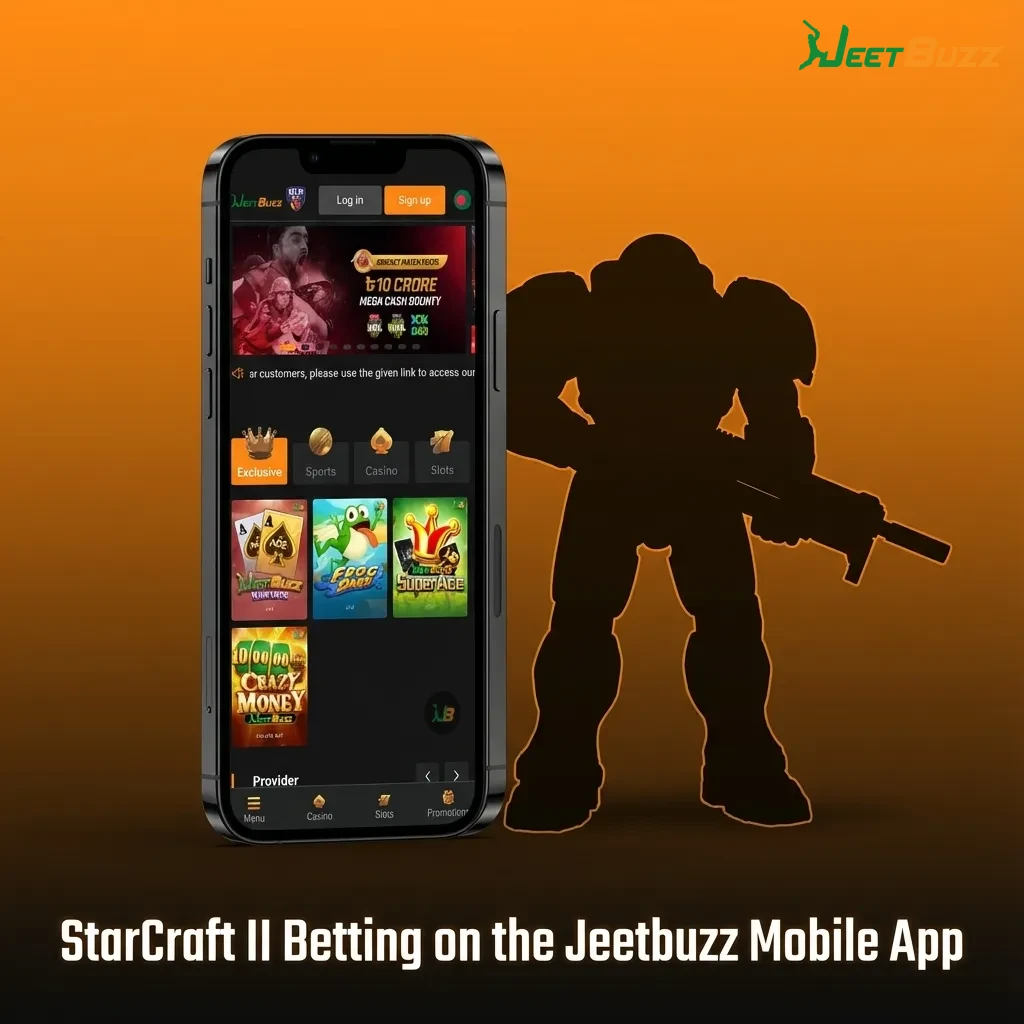 Smartphone with Jeetbuzz app open, showing StarCraft II esports betting markets and live match odds