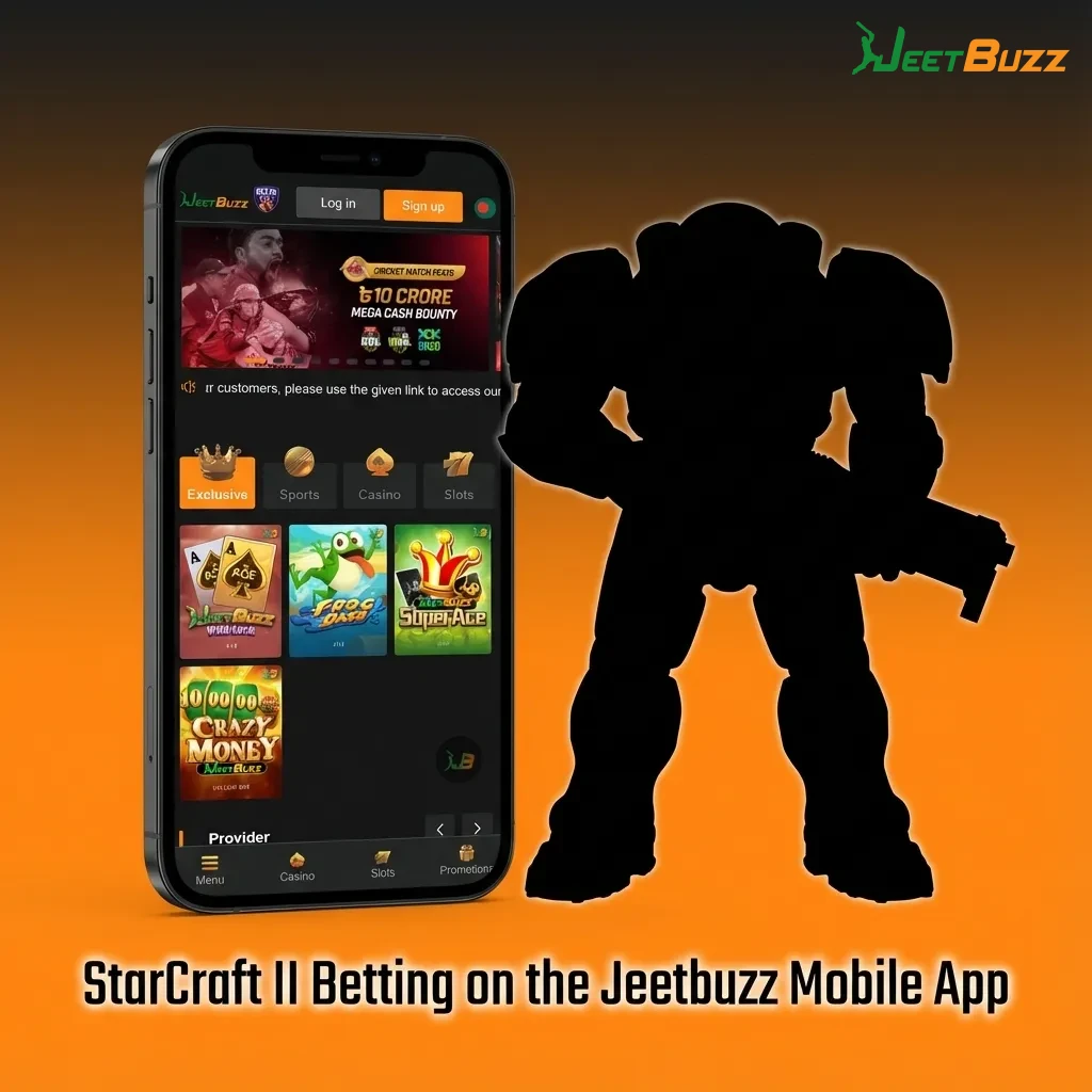 Person using Jeetbuzz mobile app to bet on live StarCraft II match, with odds and esports graphics on smartphone screen
