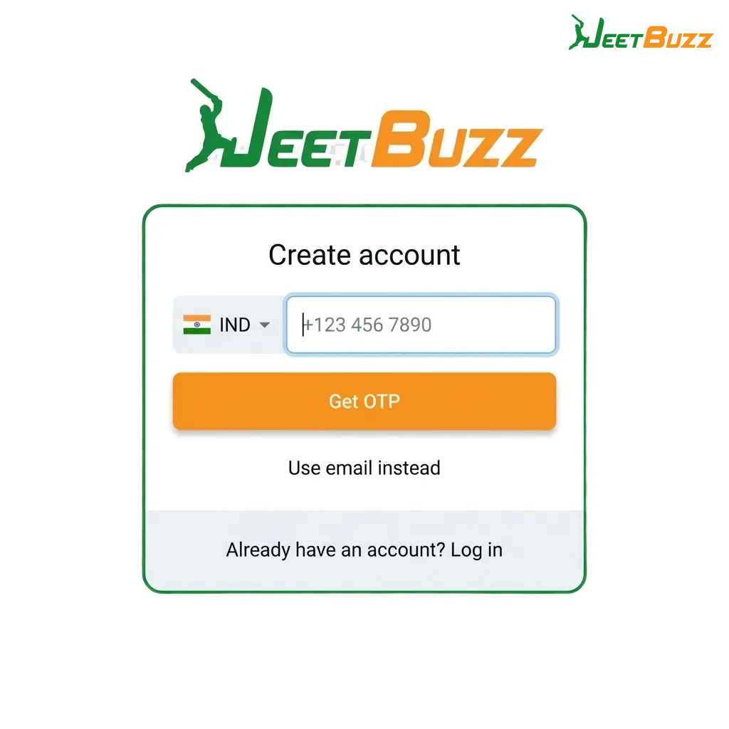 Illustration of Jeetbuzz India sign-up, login, and verification on desktop and mobile screens with betting icons