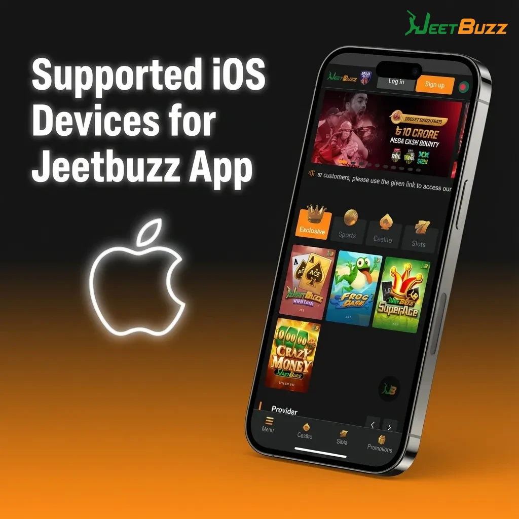 Graphic showing Jeetbuzz iOS shortcut compatibility across modern iPhones, iPads, and iPod touch models used in Bangladesh