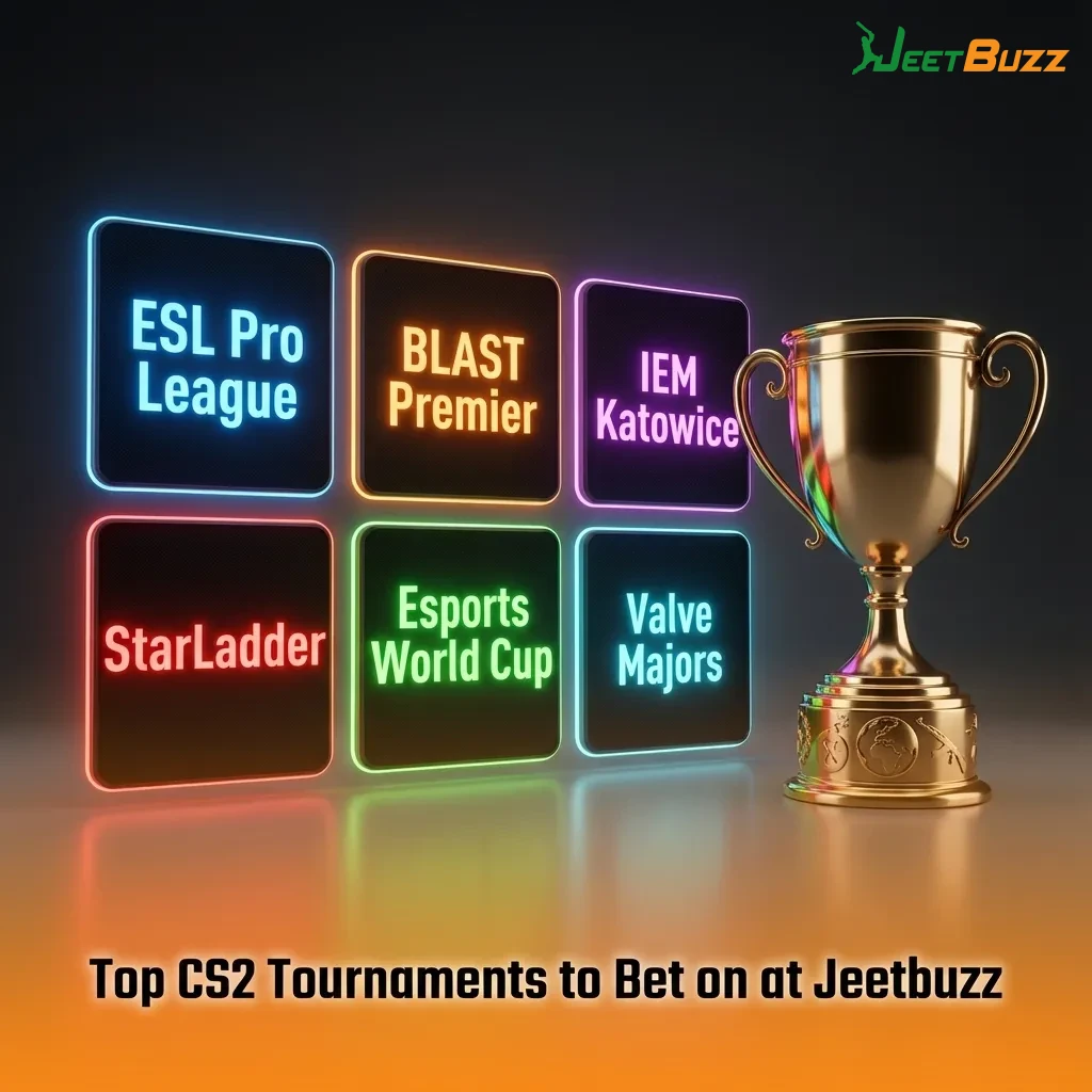 Graphic listing top CS2 tournaments to bet on at Jeetbuzz, including ESL Pro League, BLAST Premier, IEM Katowice, Majors