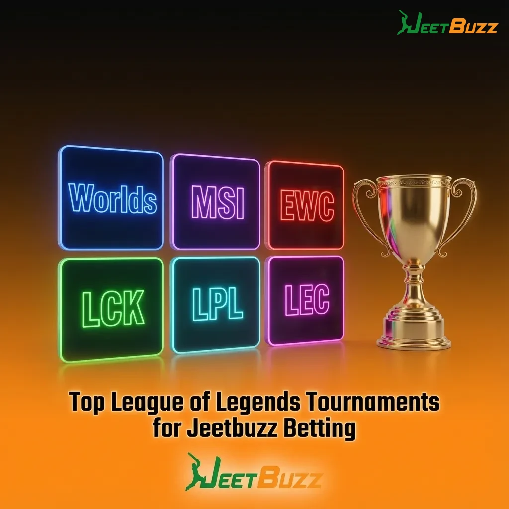 Graphic of top League of Legends tournaments and logos highlighted for Jeetbuzz esports betting throughout the year
