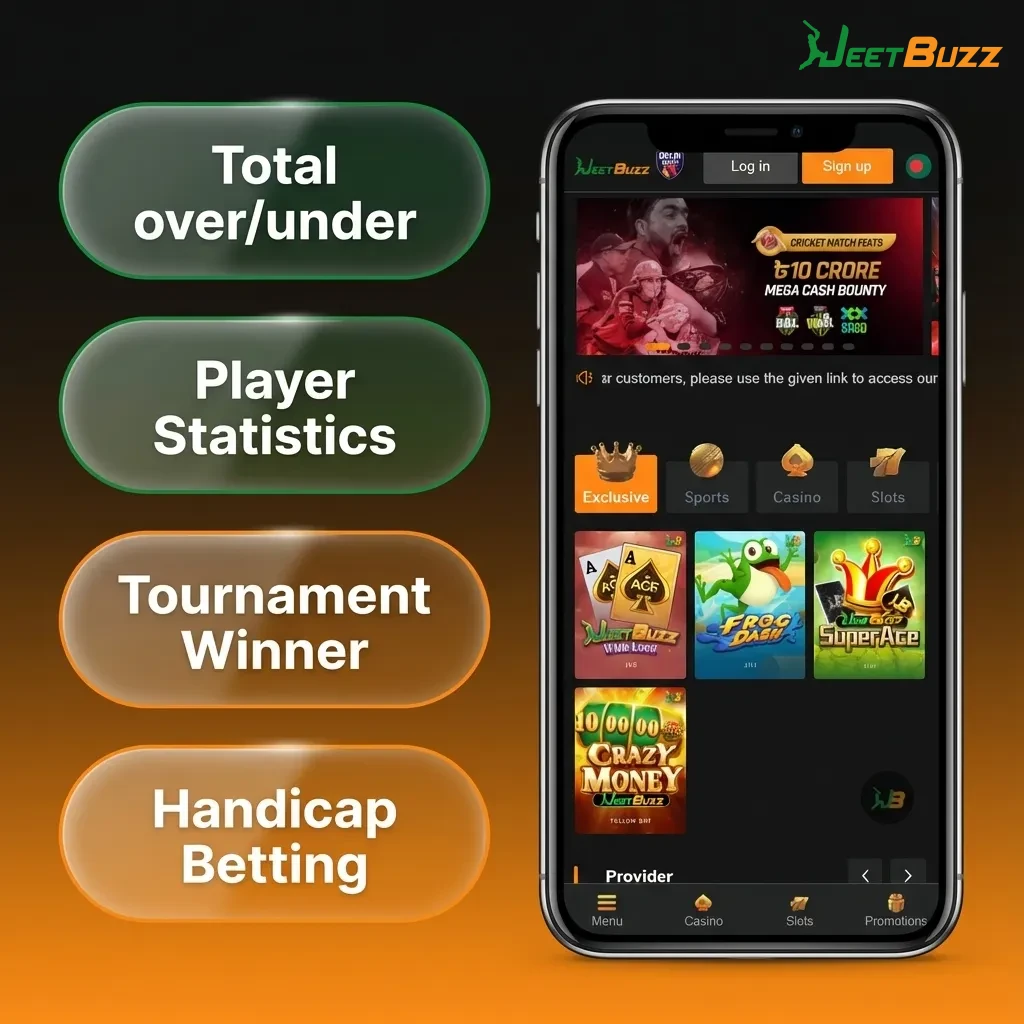 Infographic from Jeetbuzz app showing icons and brief descriptions of single, accumulator, system, handicap, and over/under bets