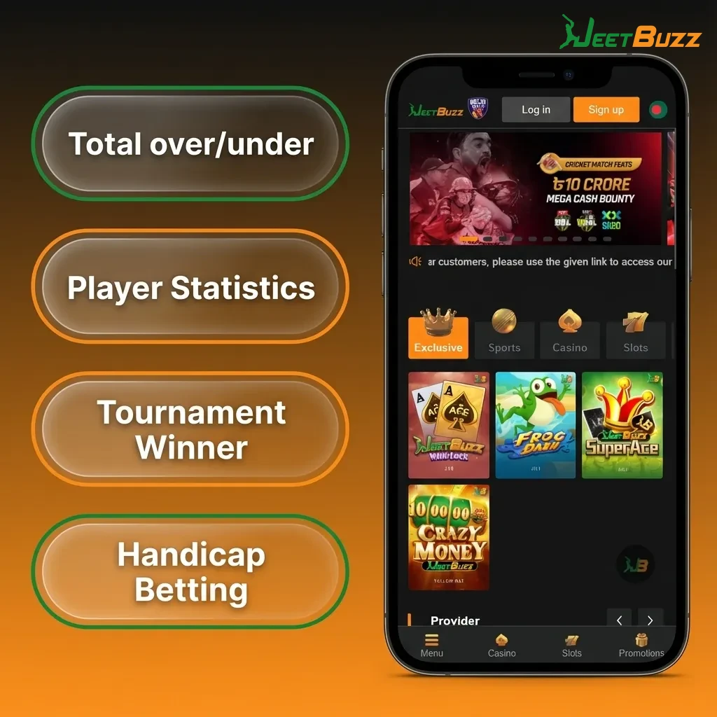 Jeetbuzz app screen showing single, double, treble, accumulator and system bet options with brief descriptions