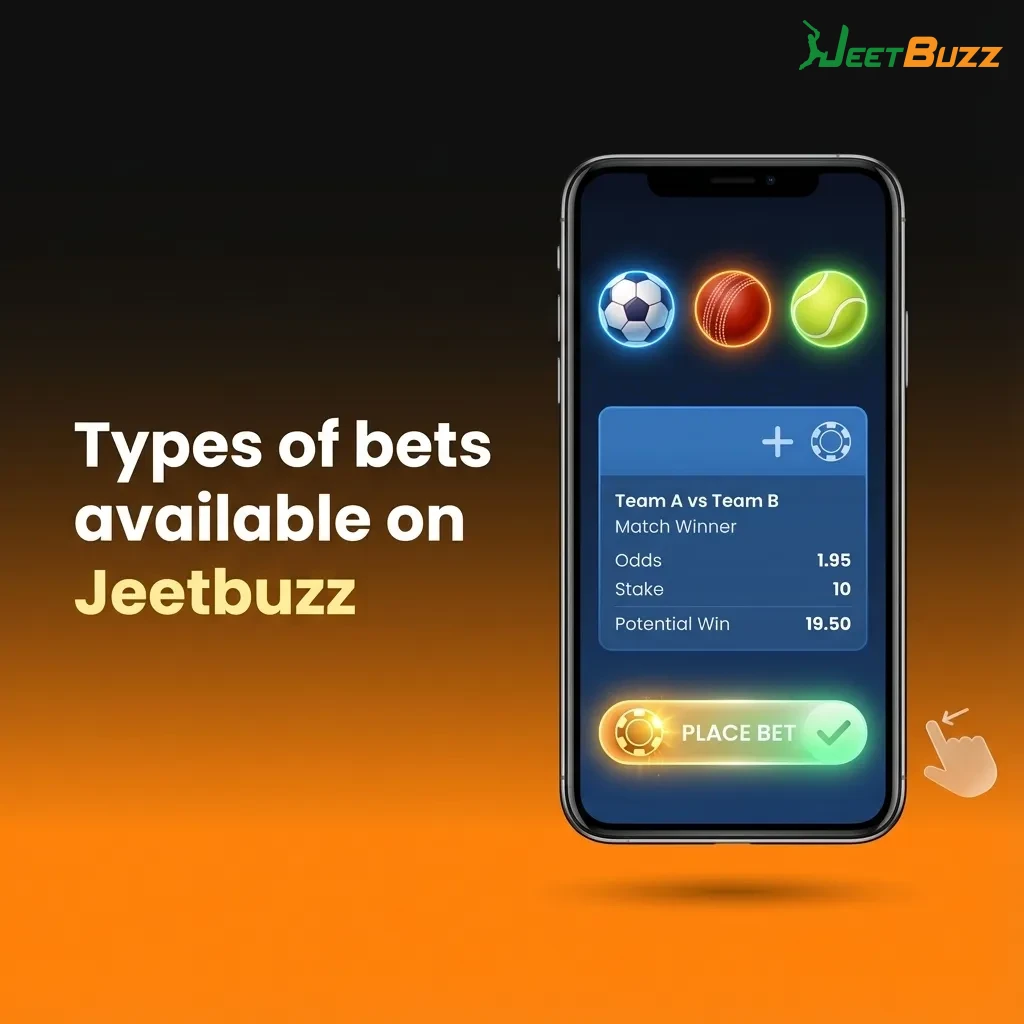 Infographic summarizing Jeetbuzz bet types: single, express accumulator, and system bets with risk and payout differences