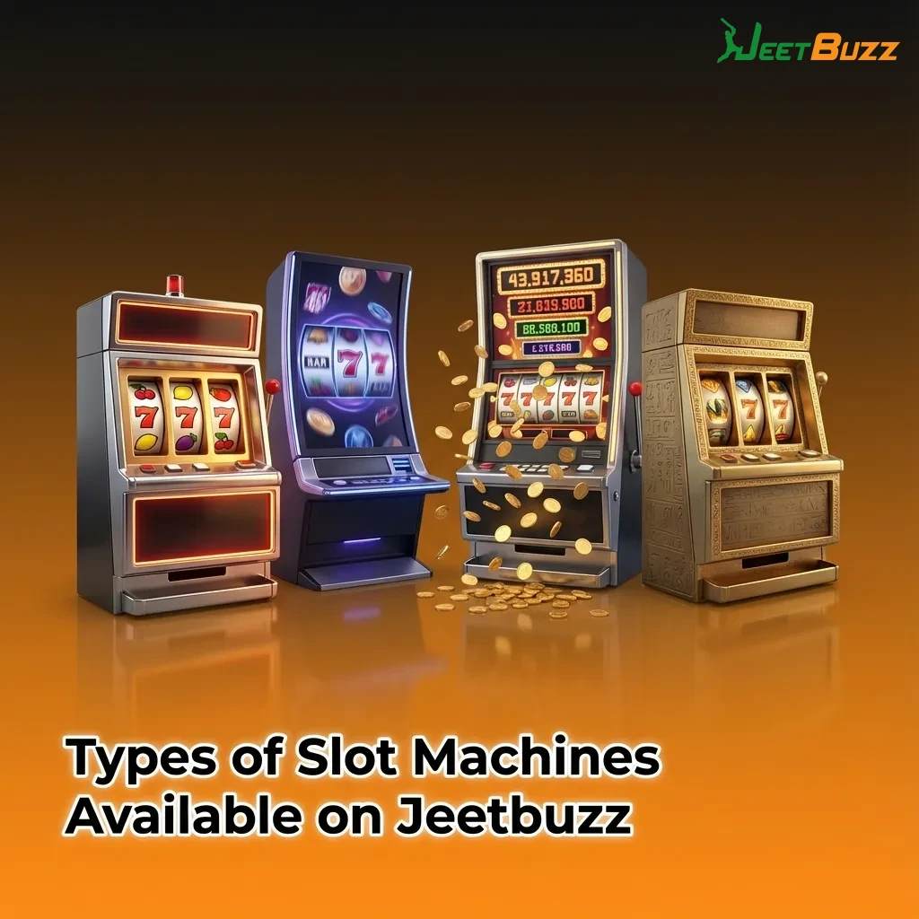 Graphic titled “Types of Slot Machines on Jeetbuzz” showing icons for classic, video, Megaways, jackpot, crash and more slots.