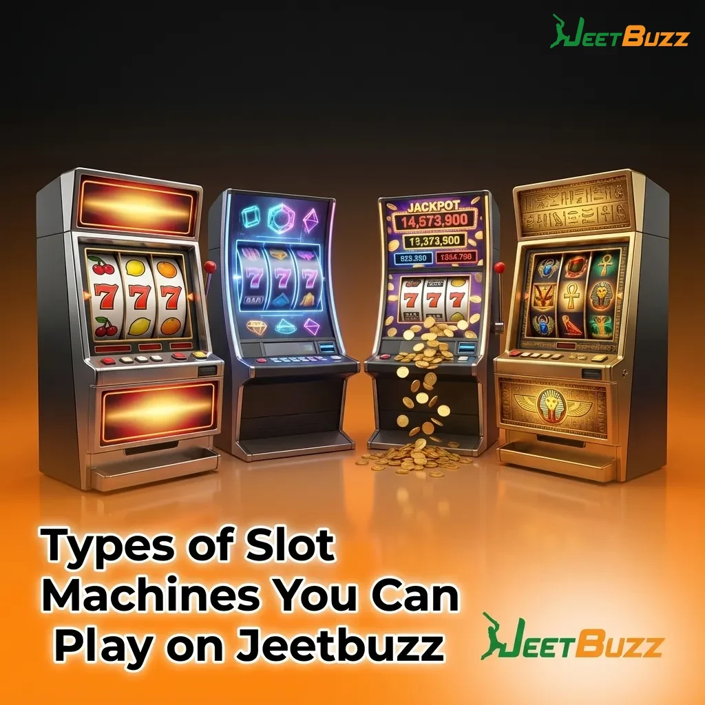 Colorful Jeetbuzz lobby graphic showing icons and labels for multiple online slot machine types and crash games