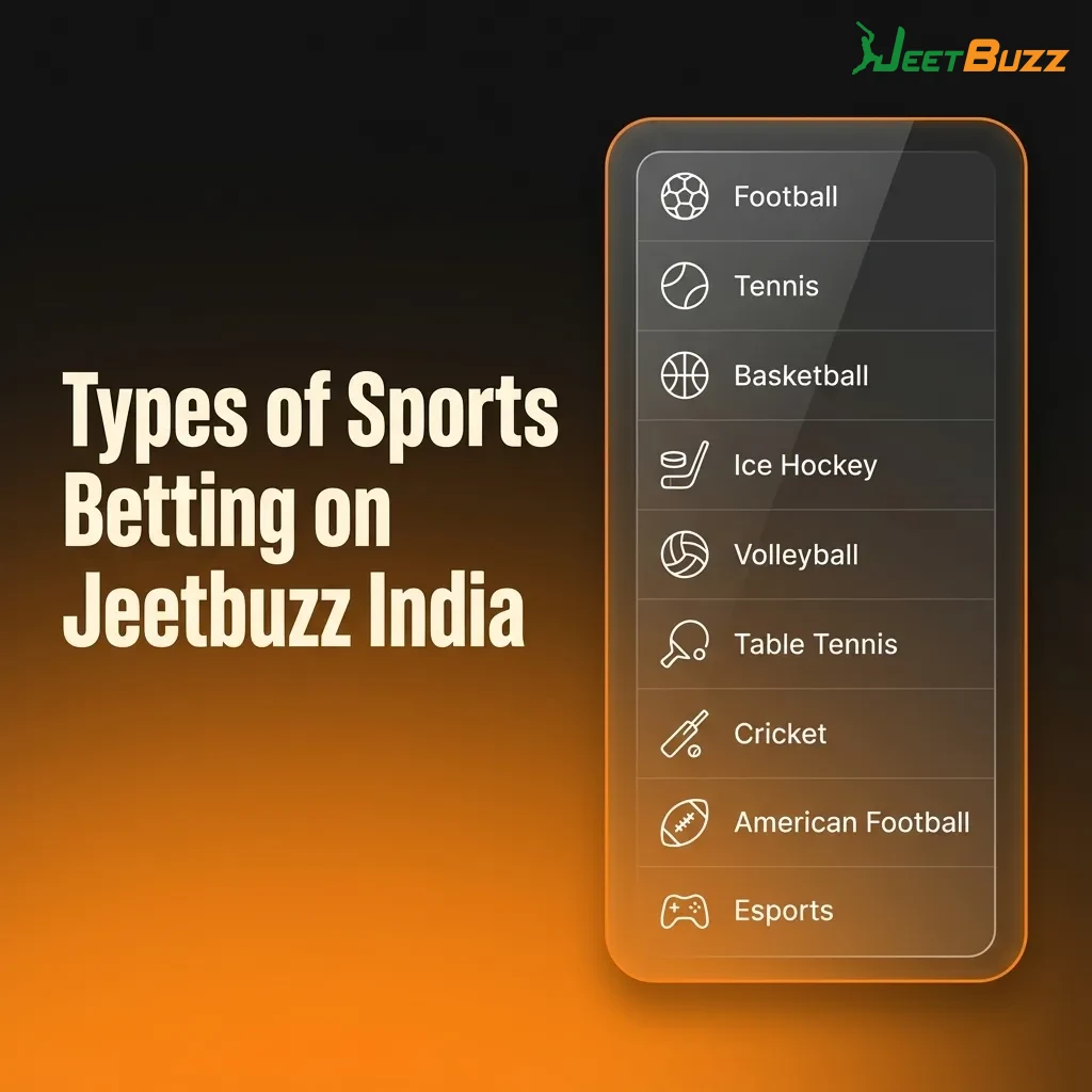 Graphic showing Jeetbuzz India sports betting options: cricket, football, kabaddi, tennis and other sports with live and pre‑match odds