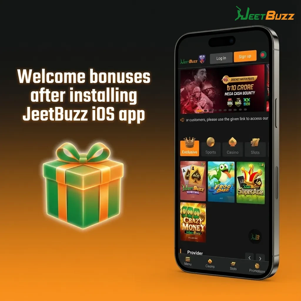 Jeetbuzz iOS app welcome bonus banner highlighting free spins, cashback, sports refund and casino promos for new users