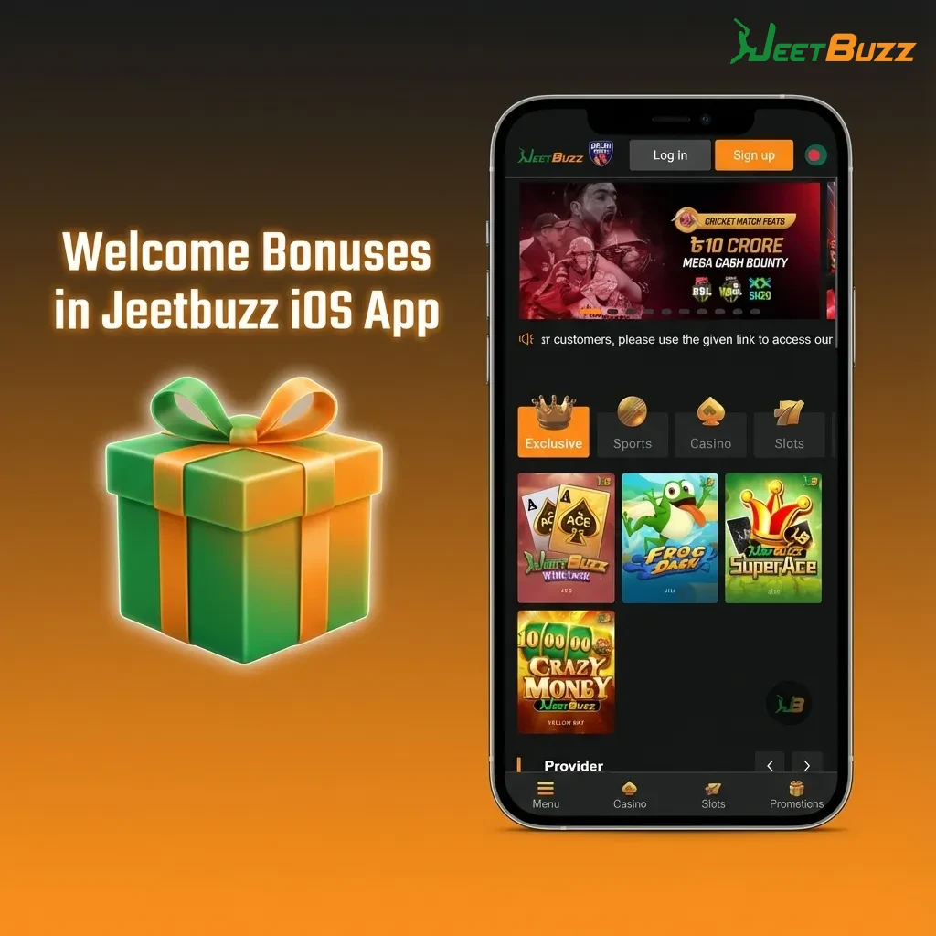 Jeetbuzz iOS app screen showing welcome bonuses for new Bangladesh users, including free spins, cashback, and sports refund.