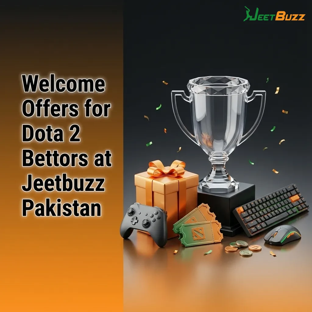 Jeetbuzz Pakistan promo banner offering welcome bonuses for new Dota 2 bettors, slots spins, cashback, and sports refunds