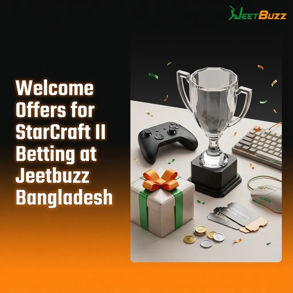 Banner showing Jeetbuzz Bangladesh StarCraft II betting welcome offers: free spins, cashback, and sports refund steps