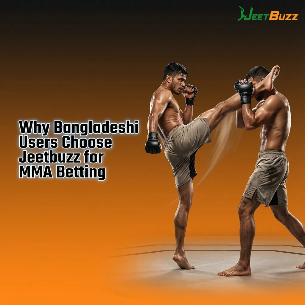 Bangladeshi bettor using Jeetbuzz MMA app, viewing fight odds, live markets, stats, and Taka payment options on a smartphone