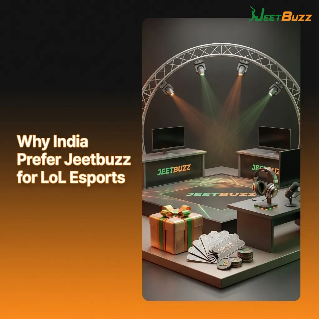Indian bettor using Jeetbuzz on laptop to place League of Legends esports bets, showing odds, rupee balance, and support icons