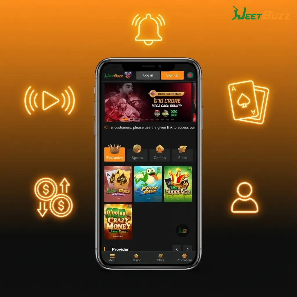 Smartphone screen showing Jeetbuzz app highlights for Indian players, INR banking, local payments, sports and casino offers