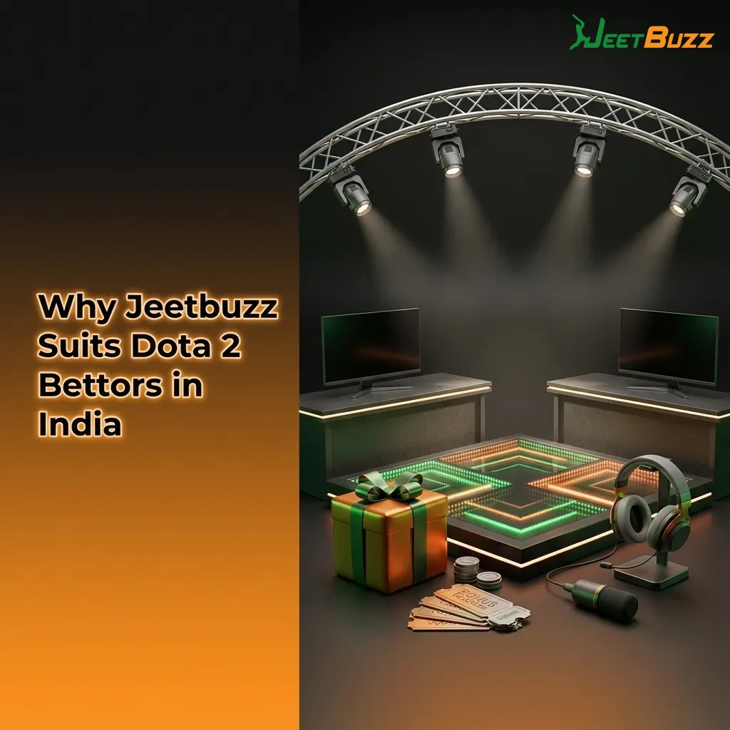 Promotional graphic for Jeetbuzz India highlighting Dota 2 betting offers, INR payments, mobile app, and 24/7 customer support