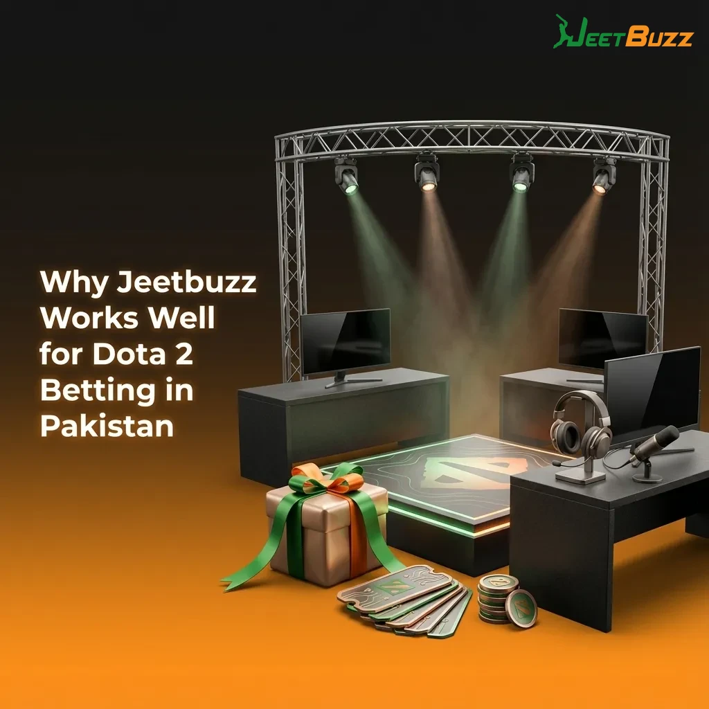 Graphic promoting Jeetbuzz Dota 2 betting for Pakistan, highlighting PKR payments, promos, mobile app, and 24/7 support