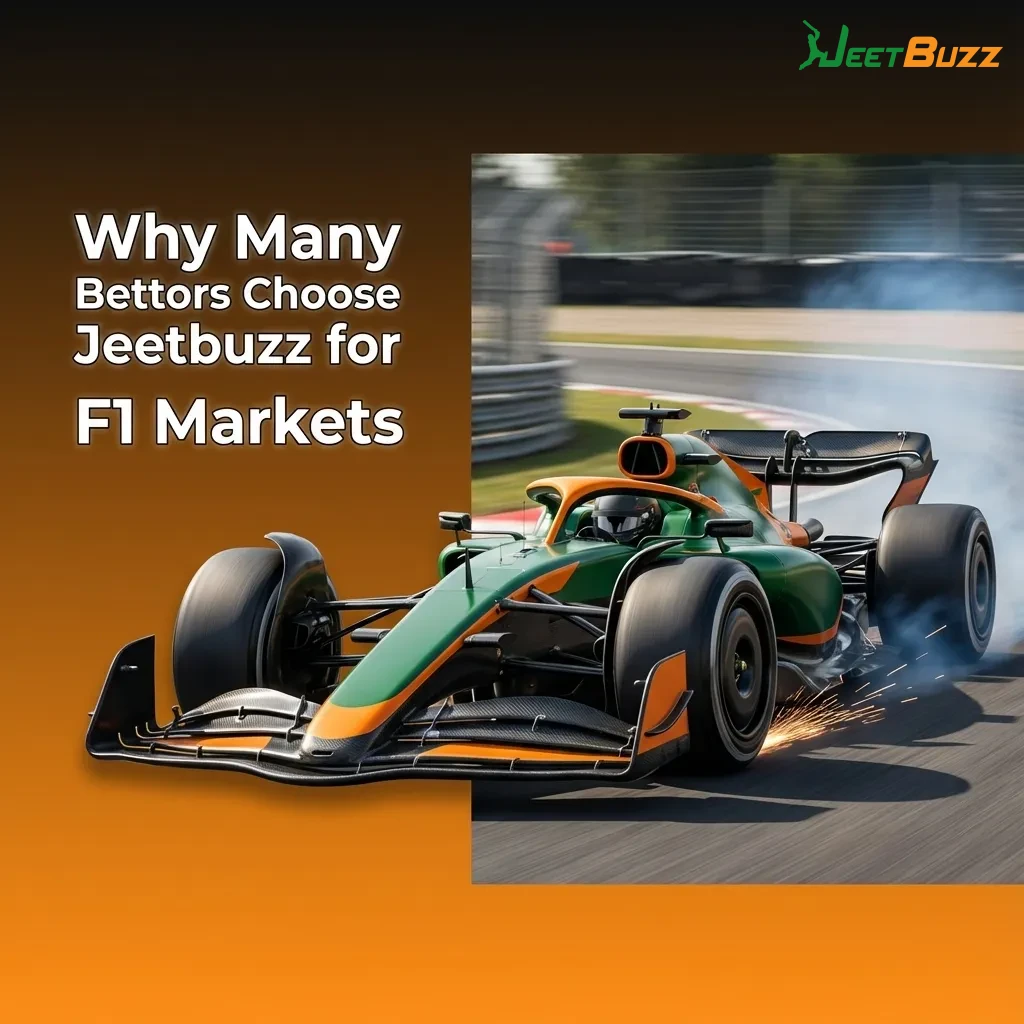 Graphic highlighting Jeetbuzz F1 betting features: live odds, multiple markets, PKR payments, clear bet slip, and mobile app