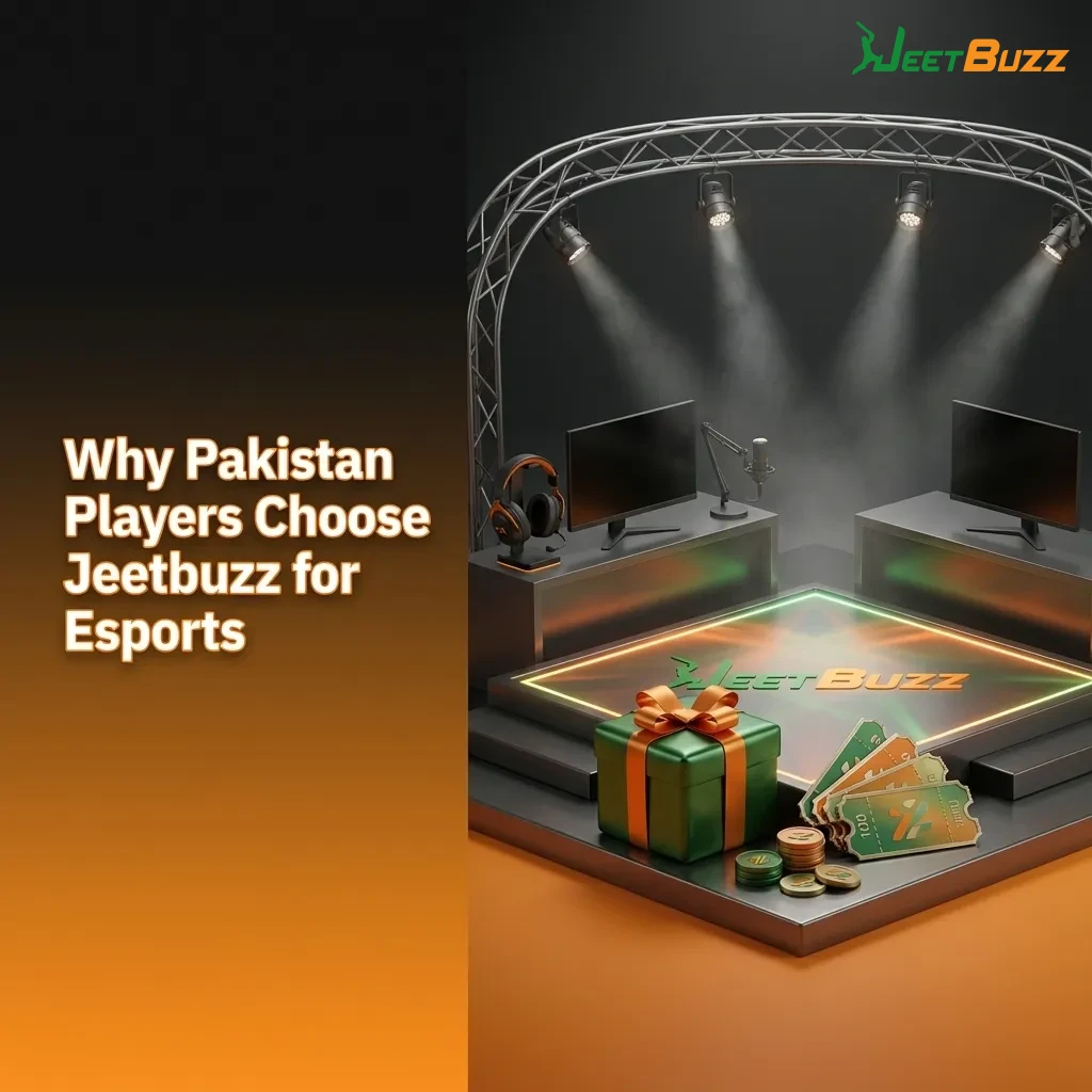 Graphic highlighting Jeetbuzz esports betting perks for Pakistan: PKR payments, mobile app, bonuses, odds, and 24/7 support